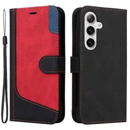 For Samsung Galaxy S24 Case Three-color Splicing Wallet Stand Folio Cover with Strap