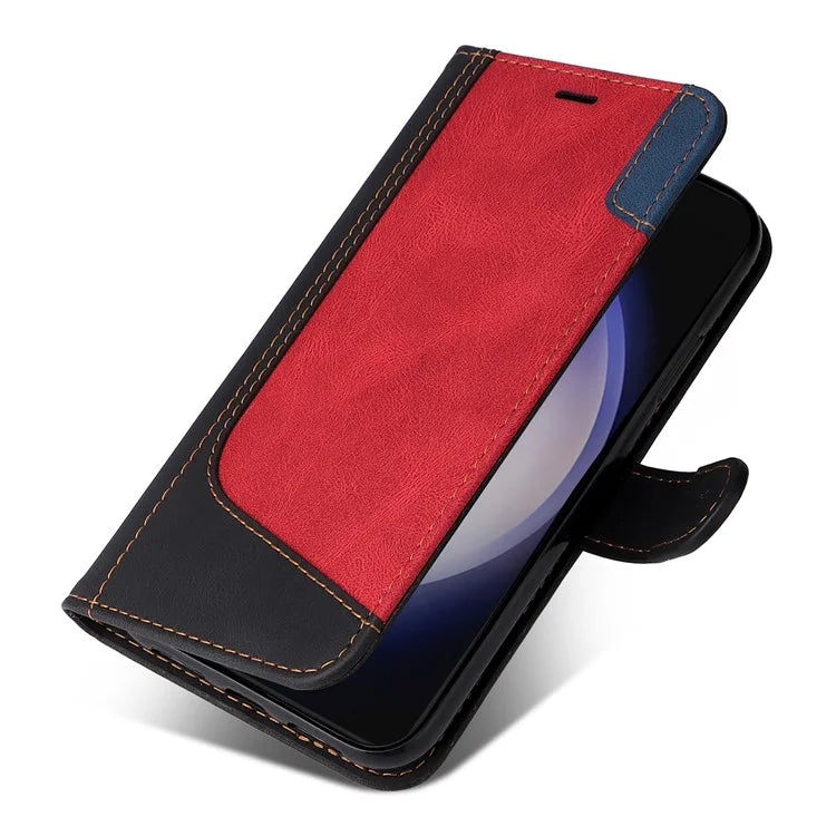 For Samsung Galaxy S24 Case Three-color Splicing Wallet Stand Folio Cover with Strap
