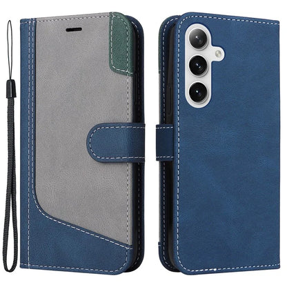 For Samsung Galaxy S24 Case Three-color Splicing Wallet Stand Folio Cover with Strap