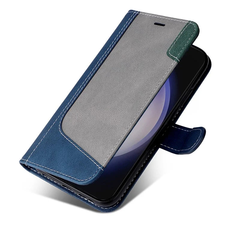 For Samsung Galaxy S24 Case Three-color Splicing Wallet Stand Folio Cover with Strap
