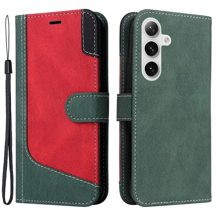 For Samsung Galaxy S24 Case Three-color Splicing Wallet Stand Folio Cover with Strap