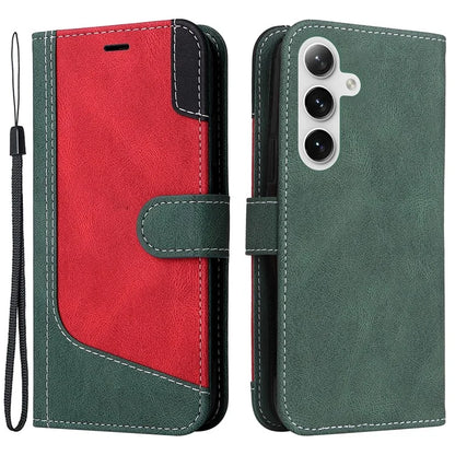 For Samsung Galaxy S24 Case Three-color Splicing Wallet Stand Folio Cover with Strap