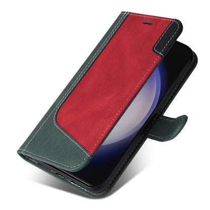 For Samsung Galaxy S24 Case Three-color Splicing Wallet Stand Folio Cover with Strap