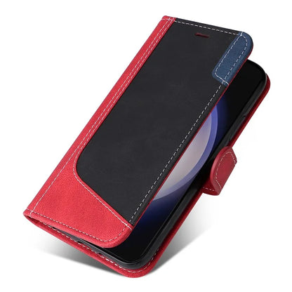 For Samsung Galaxy S24 Case Three-color Splicing Wallet Stand Folio Cover with Strap