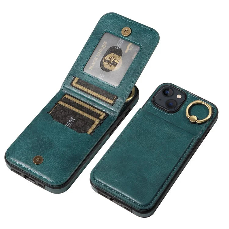 004 For iPhone 13 Case Card Holder Scratch Proof Shell PU Leather+TPU Cover