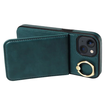 004 For iPhone 13 Case Card Holder Scratch Proof Shell PU Leather+TPU Cover