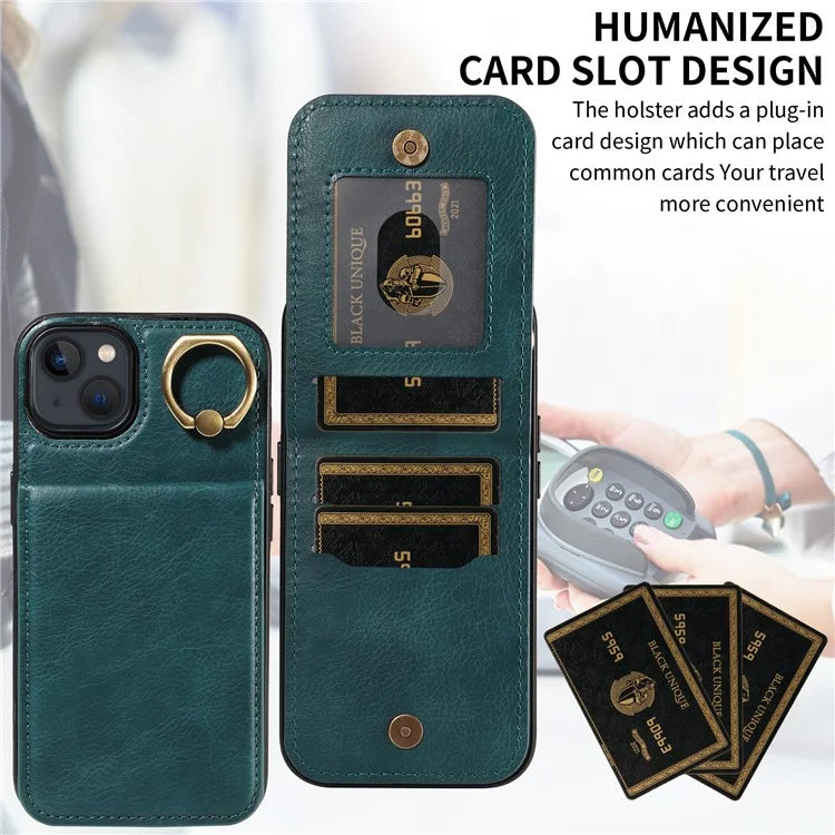 004 For iPhone 13 Case Card Holder Scratch Proof Shell PU Leather+TPU Cover