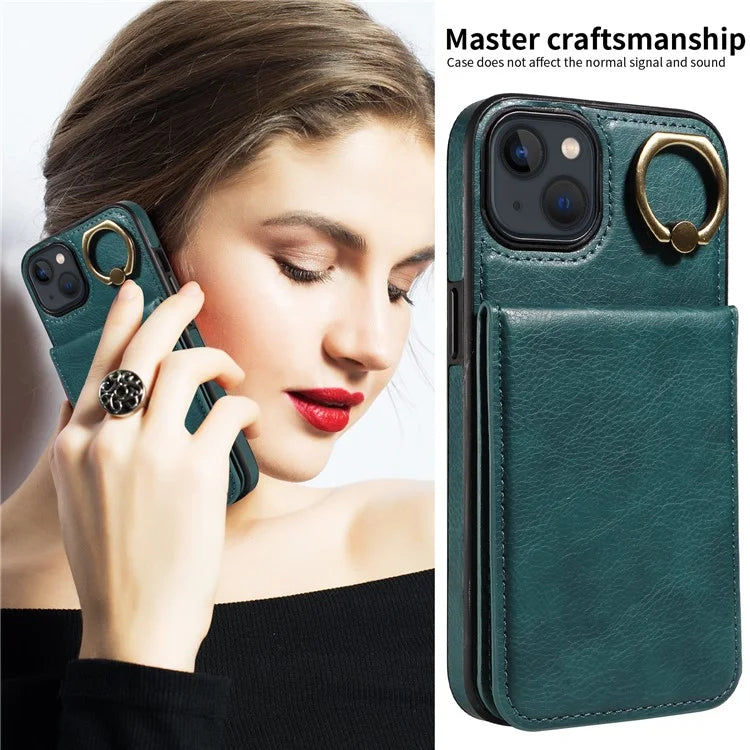 004 For iPhone 13 Case Card Holder Scratch Proof Shell PU Leather+TPU Cover