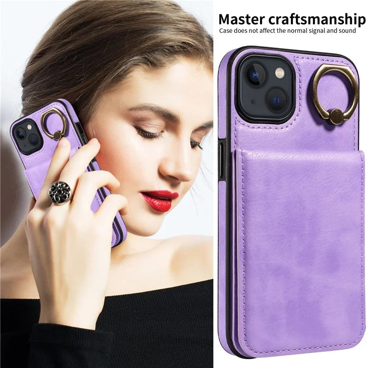 004 For iPhone 13 Case Card Holder Scratch Proof Shell PU Leather+TPU Cover