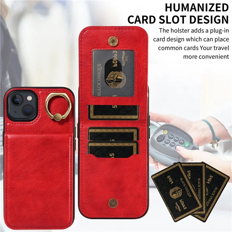 004 For iPhone 13 Case Card Holder Scratch Proof Shell PU Leather+TPU Cover