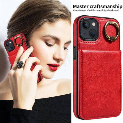 004 For iPhone 13 Case Card Holder Scratch Proof Shell PU Leather+TPU Cover