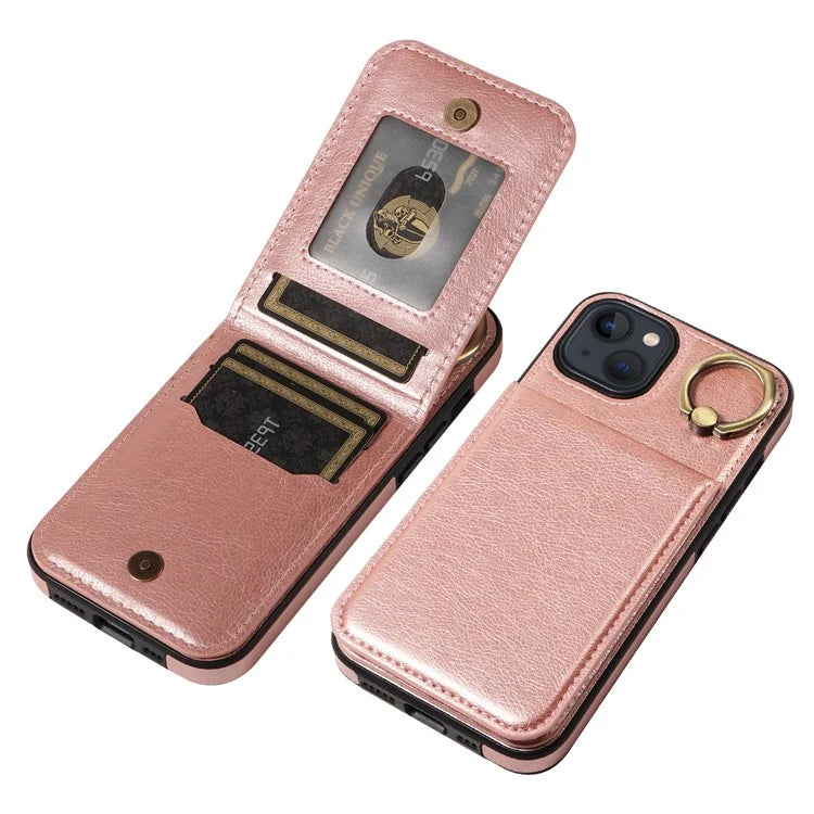 004 For iPhone 13 Case Card Holder Scratch Proof Shell PU Leather+TPU Cover