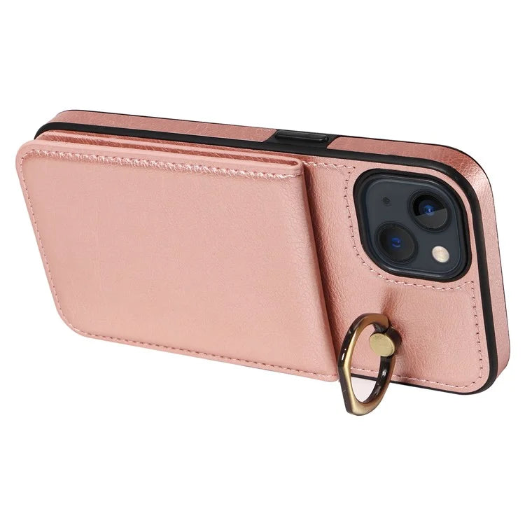 004 For iPhone 13 Case Card Holder Scratch Proof Shell PU Leather+TPU Cover