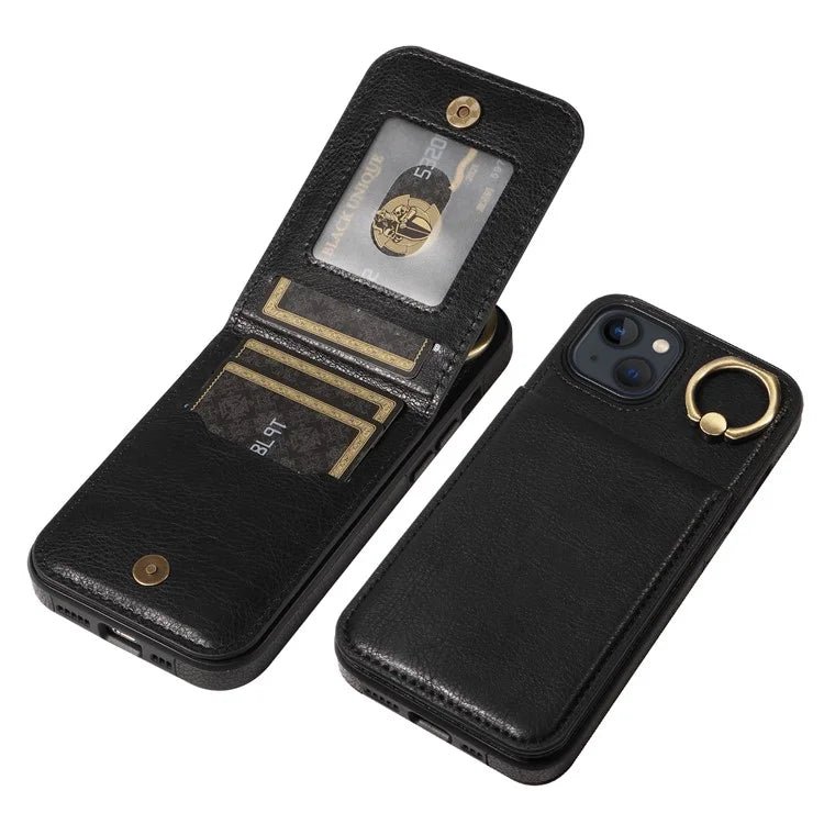 004 For iPhone 13 Case Card Holder Scratch Proof Shell PU Leather+TPU Cover