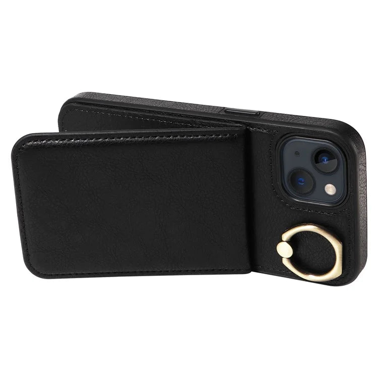 004 For iPhone 13 Case Card Holder Scratch Proof Shell PU Leather+TPU Cover