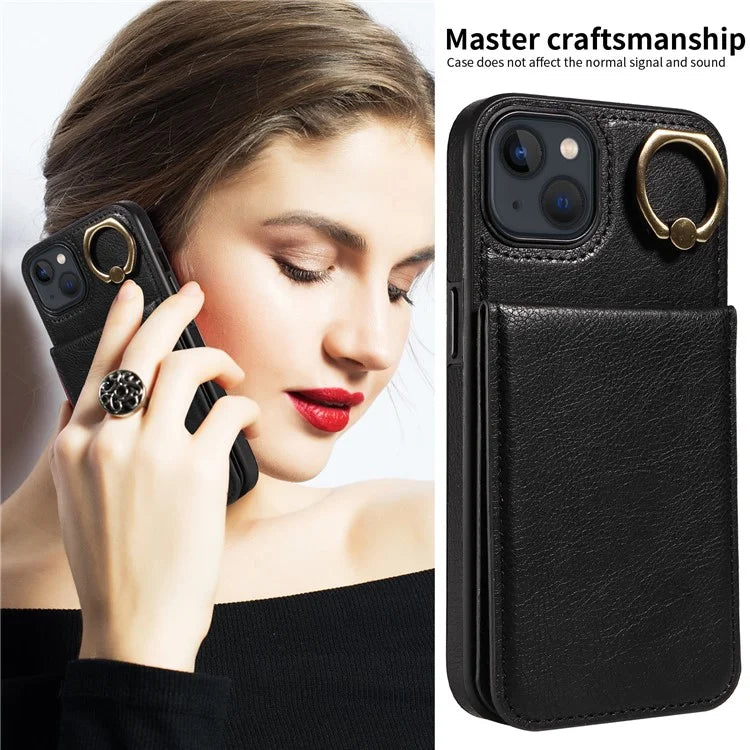 004 For iPhone 13 Case Card Holder Scratch Proof Shell PU Leather+TPU Cover