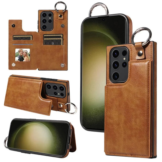 003 For Samsung Galaxy S23 Ultra Case PU Leather+TPU Phone Cover Kickstand Shell