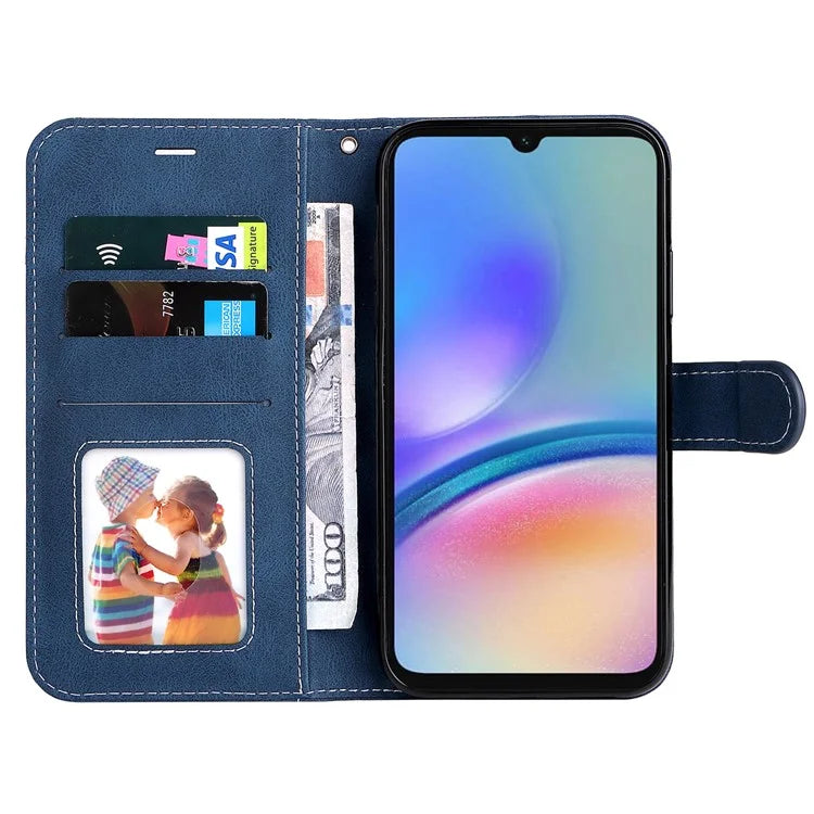 For Samsung Galaxy A05s 4G Case Three-color Splicing Leather Wallet Stand Phone Cover with Strap