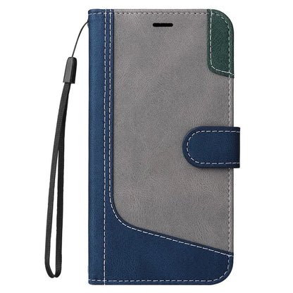 For Samsung Galaxy A05s 4G Case Three-color Splicing Leather Wallet Stand Phone Cover with Strap