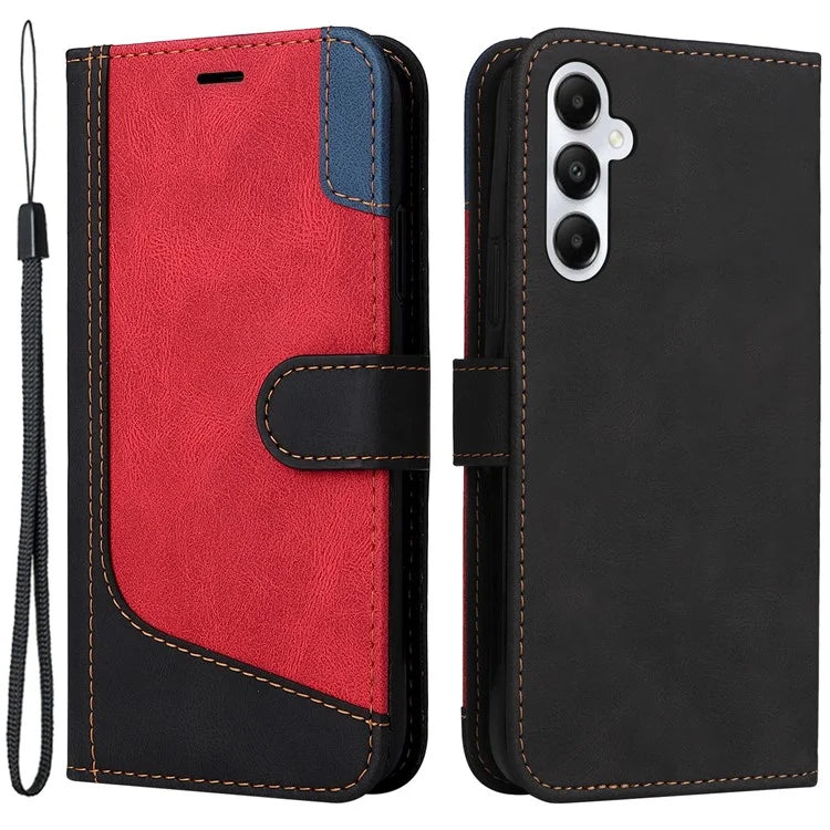 For Samsung Galaxy A05s 4G Case Three-color Splicing Leather Wallet Stand Phone Cover with Strap
