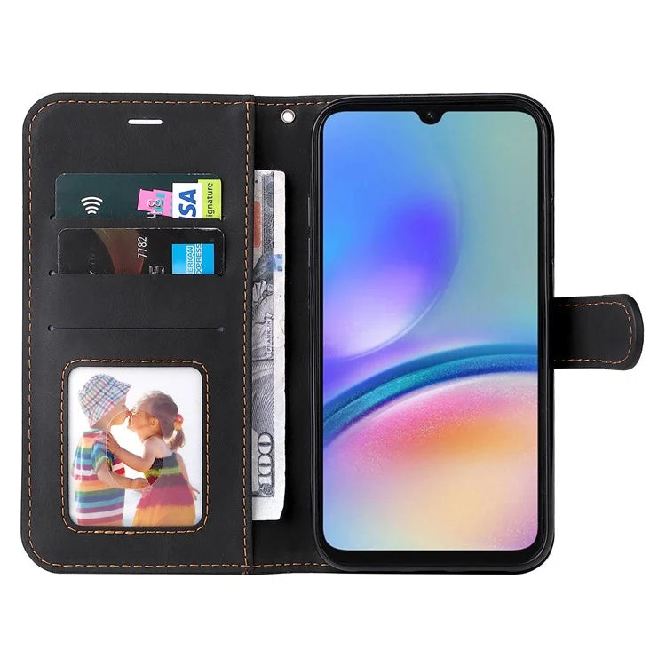 For Samsung Galaxy A05s 4G Case Three-color Splicing Leather Wallet Stand Phone Cover with Strap