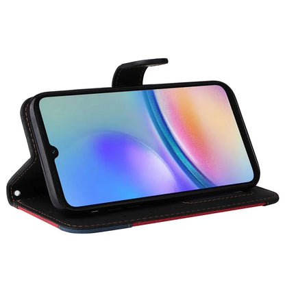 For Samsung Galaxy A05s 4G Case Three-color Splicing Leather Wallet Stand Phone Cover with Strap