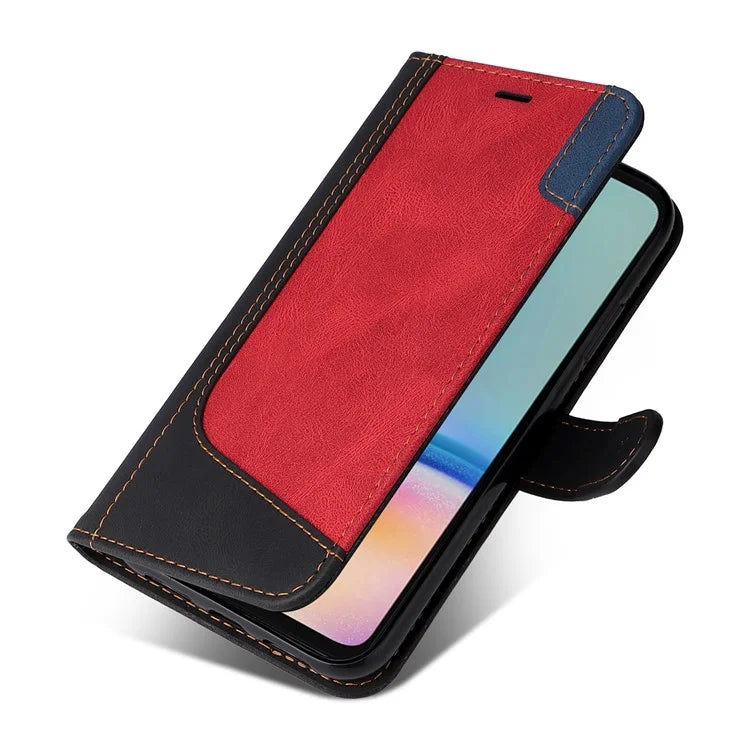 For Samsung Galaxy A05s 4G Case Three-color Splicing Leather Wallet Stand Phone Cover with Strap