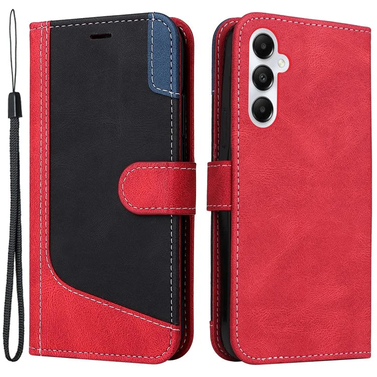 For Samsung Galaxy A05s 4G Case Three-color Splicing Leather Wallet Stand Phone Cover with Strap