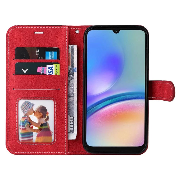 For Samsung Galaxy A05s 4G Case Three-color Splicing Leather Wallet Stand Phone Cover with Strap