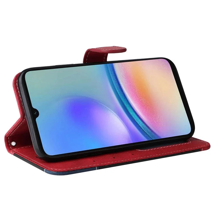 For Samsung Galaxy A05s 4G Case Three-color Splicing Leather Wallet Stand Phone Cover with Strap
