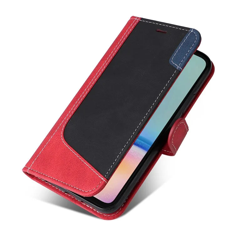 For Samsung Galaxy A05s 4G Case Three-color Splicing Leather Wallet Stand Phone Cover with Strap