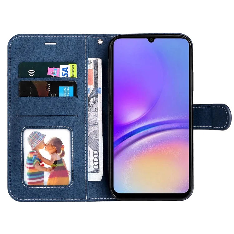 For Samsung Galaxy A05 4G Case PU Leather Wallet Three-color Splicing Stand Cover with Strap