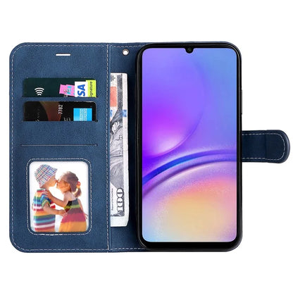 For Samsung Galaxy A05 4G Case PU Leather Wallet Three-color Splicing Stand Cover with Strap