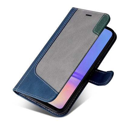 For Samsung Galaxy A05 4G Case PU Leather Wallet Three-color Splicing Stand Cover with Strap