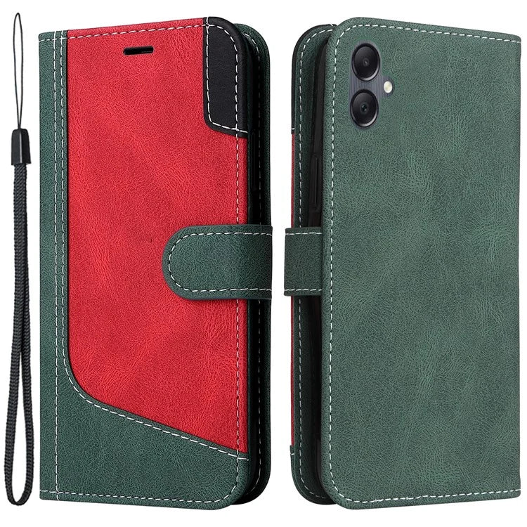 For Samsung Galaxy A05 4G Case PU Leather Wallet Three-color Splicing Stand Cover with Strap