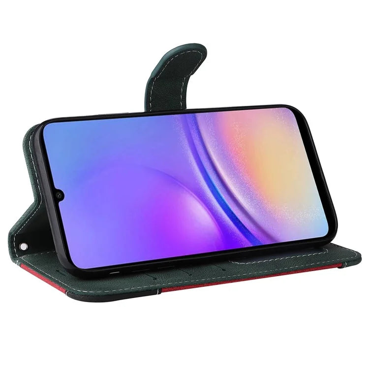 For Samsung Galaxy A05 4G Case PU Leather Wallet Three-color Splicing Stand Cover with Strap