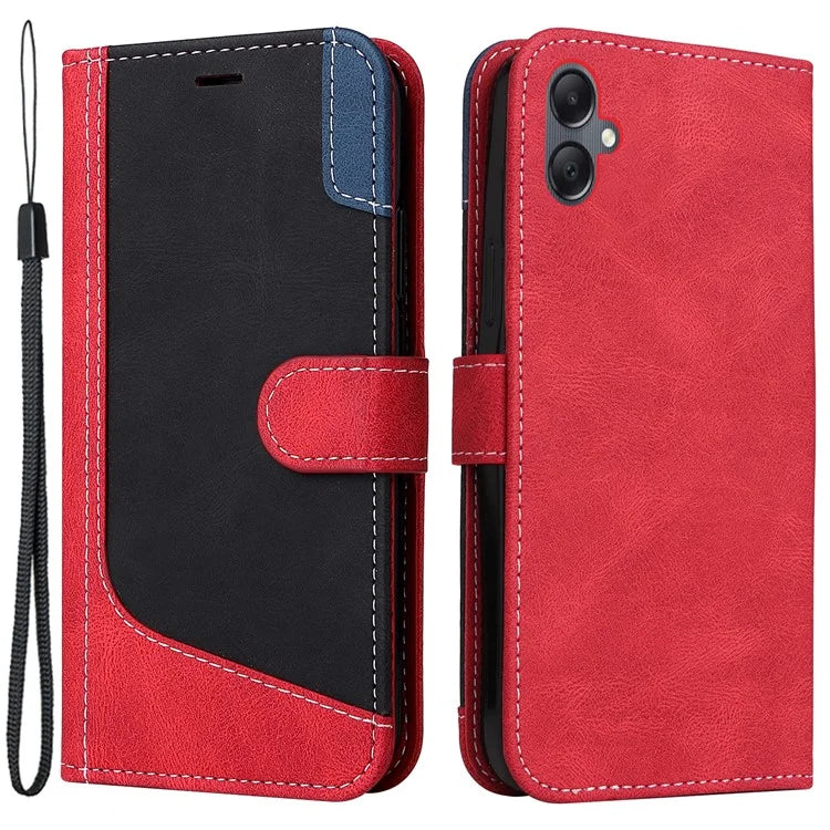 For Samsung Galaxy A05 4G Case PU Leather Wallet Three-color Splicing Stand Cover with Strap