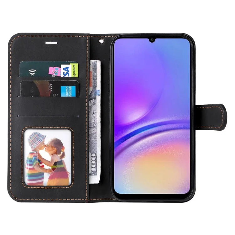 For Samsung Galaxy A05 4G Case PU Leather Wallet Three-color Splicing Stand Cover with Strap