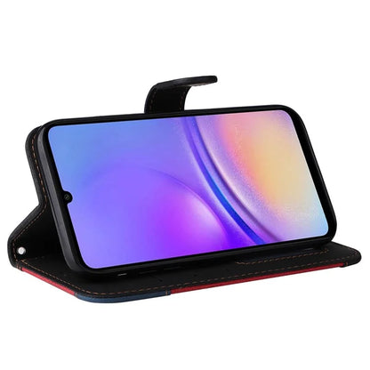 For Samsung Galaxy A05 4G Case PU Leather Wallet Three-color Splicing Stand Cover with Strap