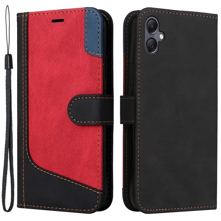 For Samsung Galaxy A05 4G Case PU Leather Wallet Three-color Splicing Stand Cover with Strap