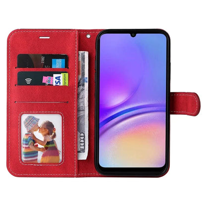 For Samsung Galaxy A05 4G Case PU Leather Wallet Three-color Splicing Stand Cover with Strap
