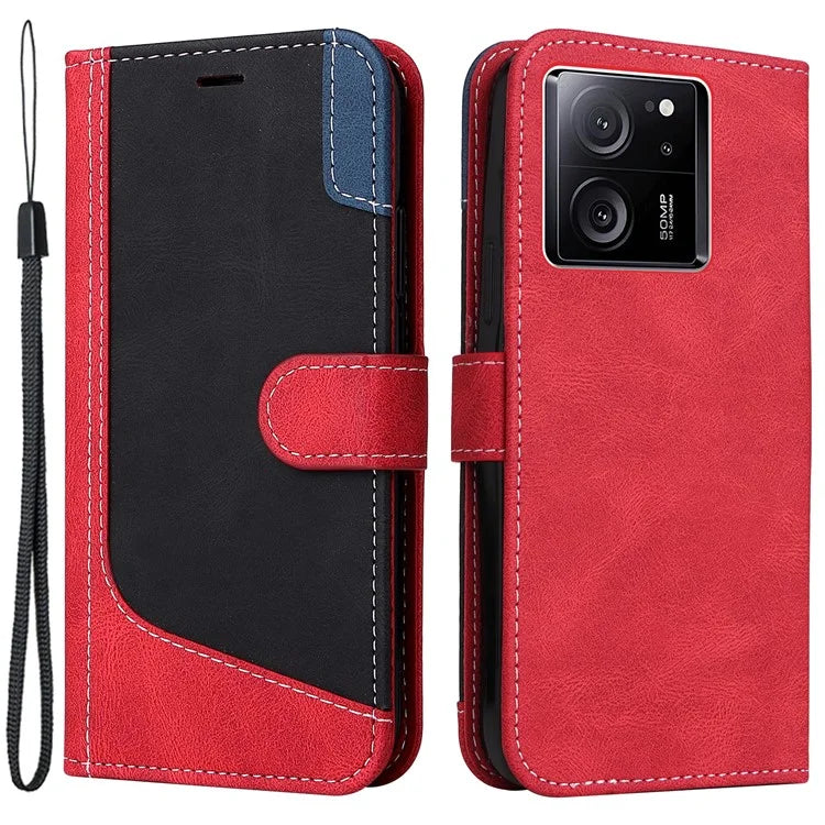 For Xiaomi 13T Pro / 13T / Redmi K60 Ultra Case Three-color Splicing Leather Wallet Cover Stand Phone Shell with Strap