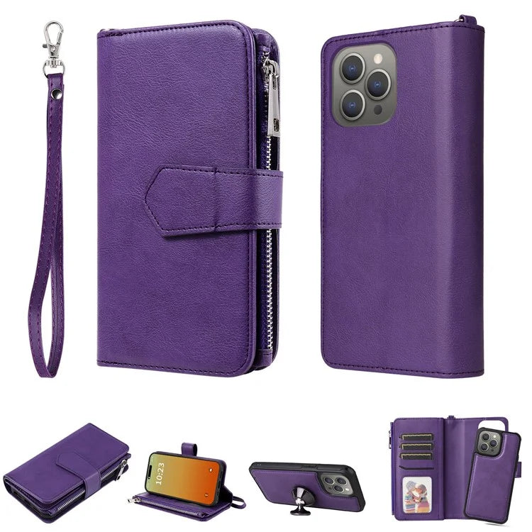 KT Multi-functional Series-4 for iPhone 15 Pro Max Case Magnetic Leather Wallet Stand Zippe Phone Cover