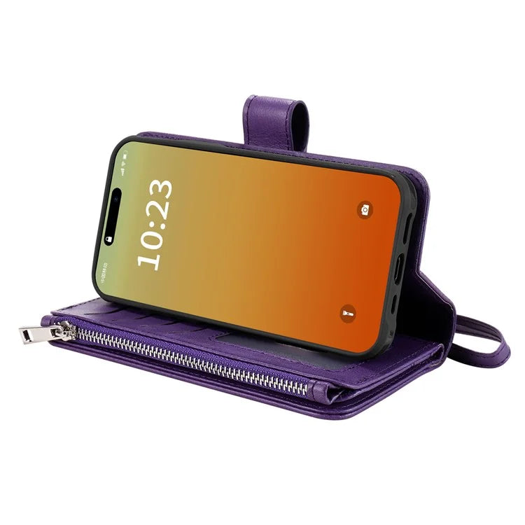 KT Multi-functional Series-4 for iPhone 15 Pro Max Case Magnetic Leather Wallet Stand Zippe Phone Cover