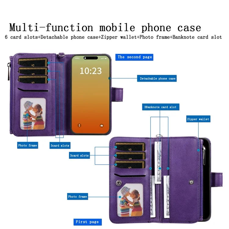KT Multi-functional Series-4 for iPhone 15 Pro Max Case Magnetic Leather Wallet Stand Zippe Phone Cover