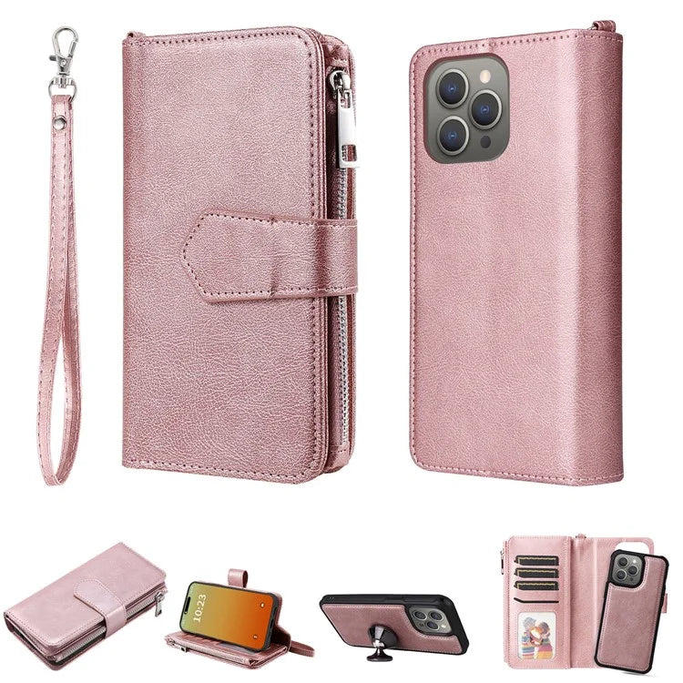 KT Multi-functional Series-4 for iPhone 15 Pro Max Case Magnetic Leather Wallet Stand Zippe Phone Cover