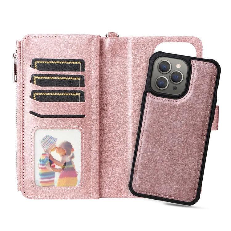 KT Multi-functional Series-4 for iPhone 15 Pro Max Case Magnetic Leather Wallet Stand Zippe Phone Cover