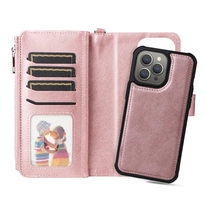 KT Multi-functional Series-4 for iPhone 15 Pro Max Case Magnetic Leather Wallet Stand Zippe Phone Cover