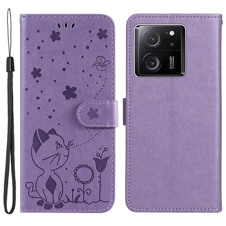 KT Imprinting Flower Series-4 For Xiaomi 13T Pro / 13T / Redmi K60 Ultra Case Cat Imprinted Wallet Phone Cover
