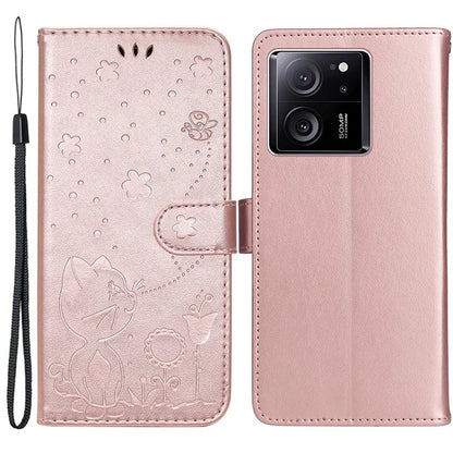 KT Imprinting Flower Series-4 For Xiaomi 13T Pro / 13T / Redmi K60 Ultra Case Cat Imprinted Wallet Phone Cover